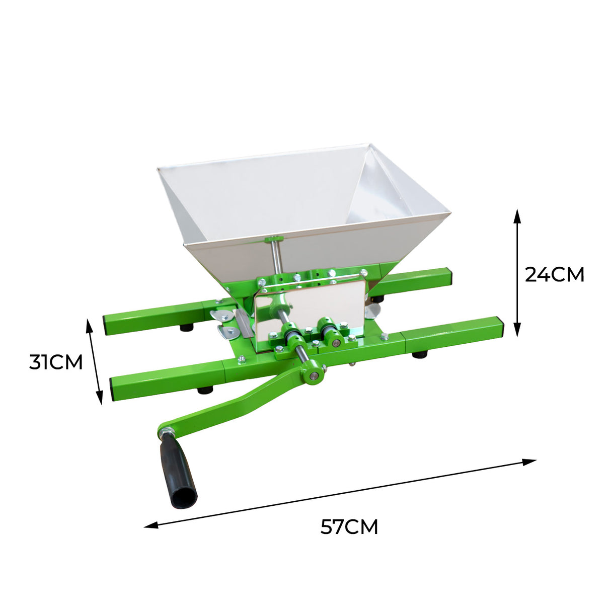 Draagbare fruitmolen met slinger, groene metalen basis, aluminium opvangbak, afmetingen 57x31x24 cm, ideaal voor fruitverwerking