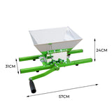 Draagbare fruitmolen met slinger, groene metalen basis, aluminium opvangbak, afmetingen 57x31x24 cm, ideaal voor fruitverwerking