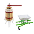 Houten fruitpers met rode accenten en een groene fruitcrusher, ideaal voor het maken van sap en het verwerken van fruit