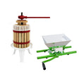 Houten fruitpers met rode accenten en een groene fruitcrusher, ideaal voor het maken van sap en het verwerken van fruit
