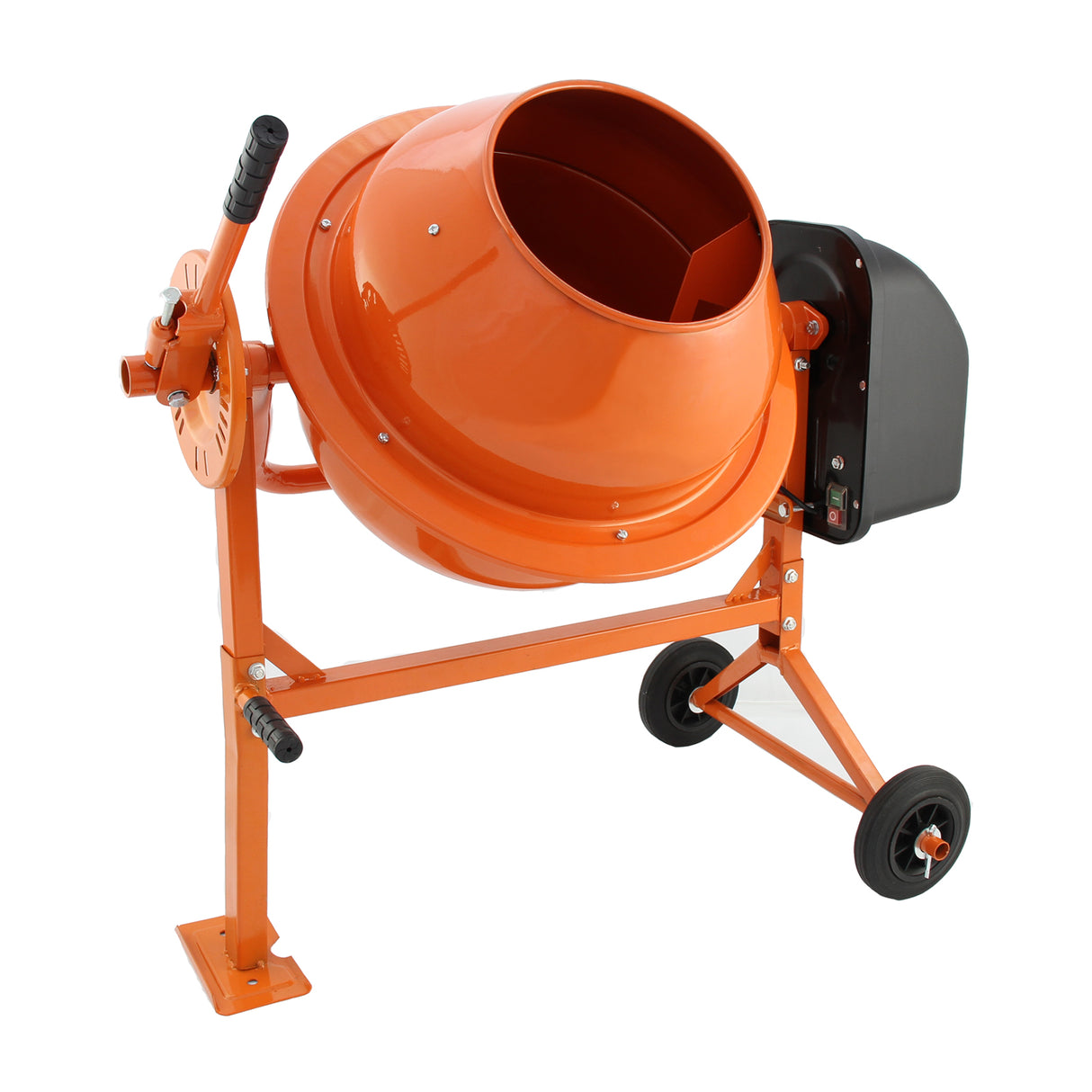 Oranje 70L elektrische cementmixer met troffelset, stevig frame, wielen voor mobiliteit, ideaal voor bouwprojecten en klussen