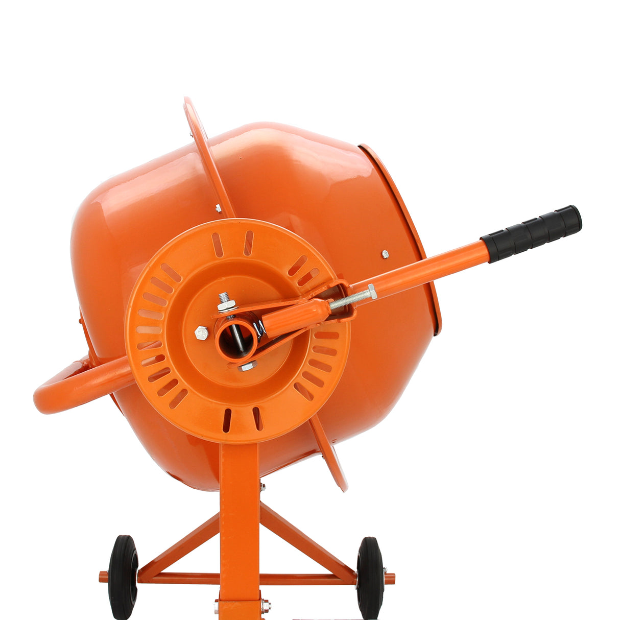 Oranje 70L elektrische cementmixer met een stevige handgreep, gemonteerd op een robuuste standaard met wielen voor mobiliteit