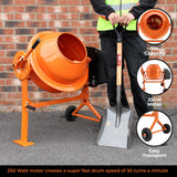 Oranje 70L elektrische cementmixer met stevige metalen basis, uitgerust met een troffel en een krachtige 250W motor voor snel mengen