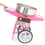 Roze suikerspinmachine met een metalen kom, wielen voor mobiliteit en een bedieningspaneel met knoppen voor gebruiksgemak