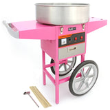 Roze suikerspinmachine met een glanzende metalen kom, wielen en bedieningsknoppen, ideaal voor feesten en evenementen