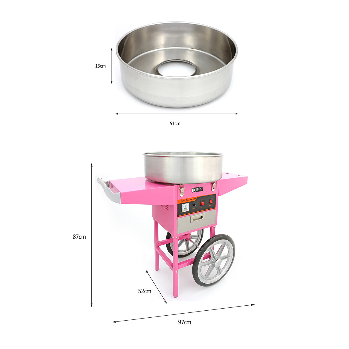 Roze suikerspinmachine met een glanzende roestvrijstalen kom, wielen en een gebruiksvriendelijke bedieningselementen voor feesten