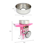 Roze suikerspinmachine met een glanzende roestvrijstalen kom, wielen en een gebruiksvriendelijke bedieningselementen voor feesten