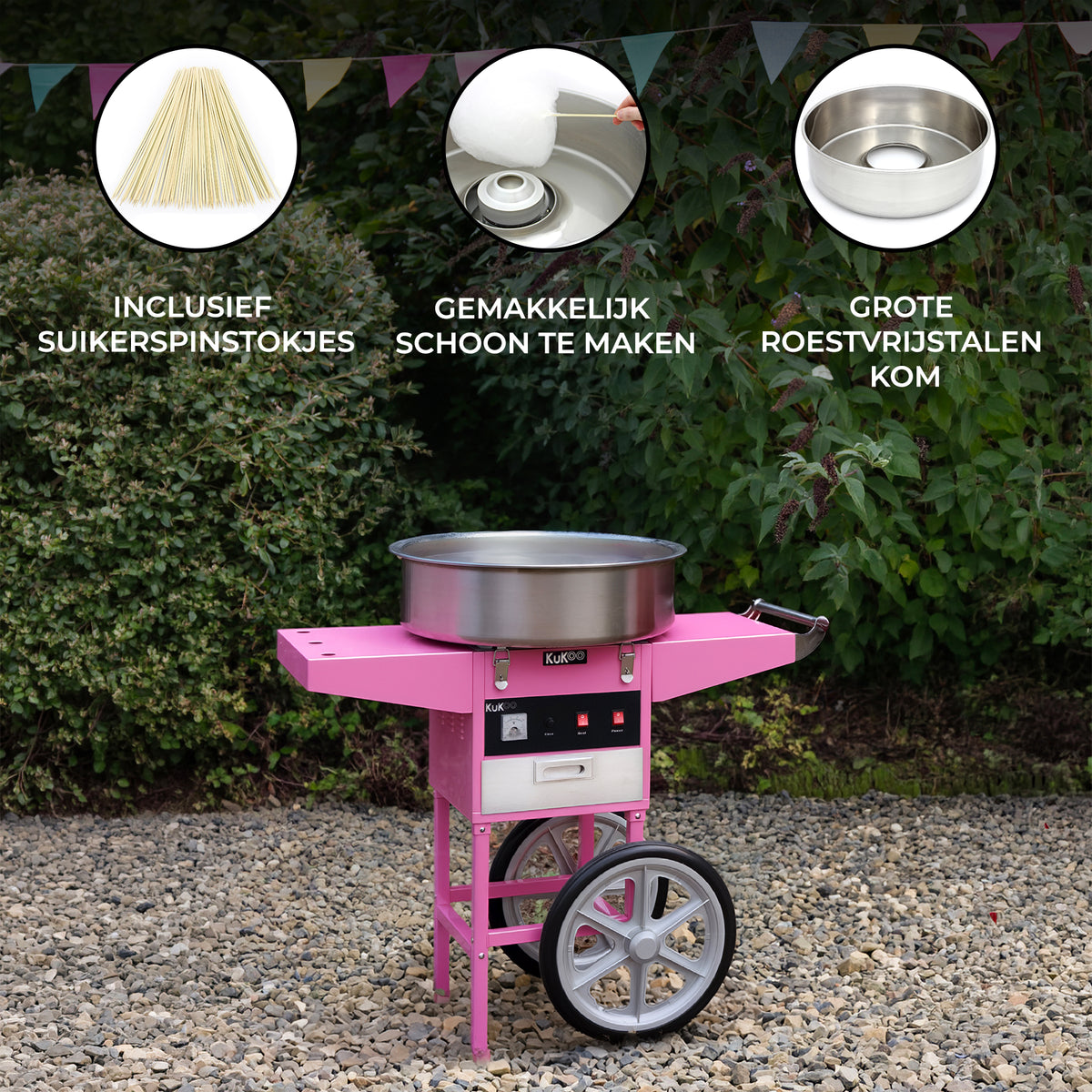 Roze suikerspinmachine met grote roestvrijstalen kom, wielen voor mobiliteit en inbegrepen suikerspinstokjes, ideaal voor feesten