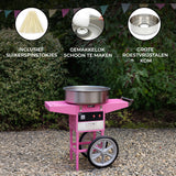 Roze suikerspinmachine met grote roestvrijstalen kom, wielen voor mobiliteit en inbegrepen suikerspinstokjes, ideaal voor feesten