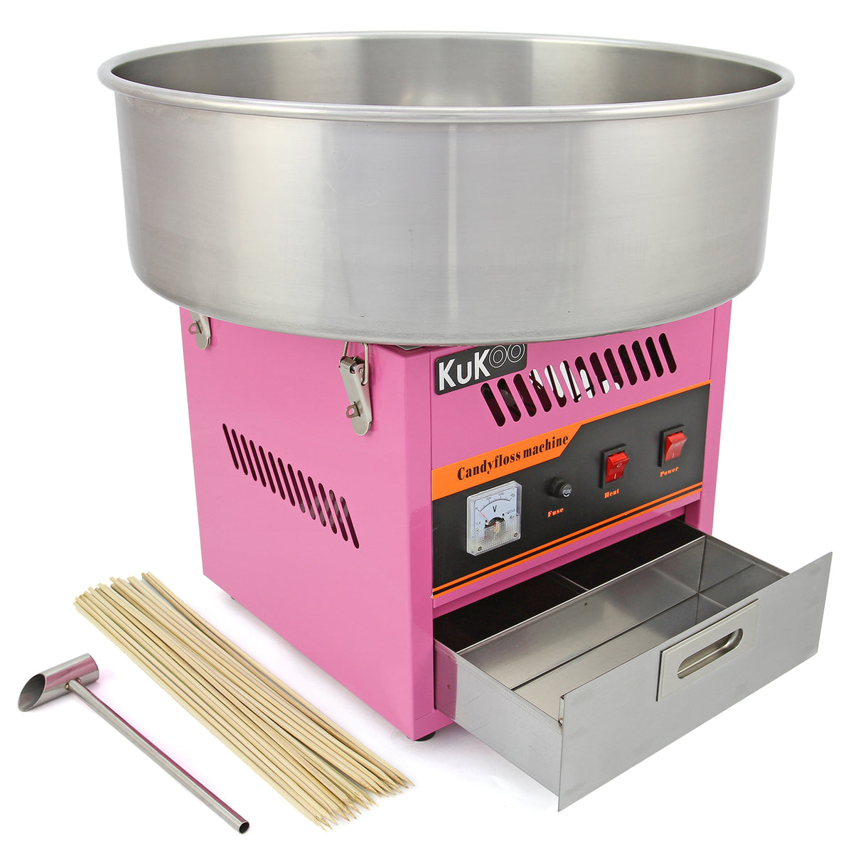 Roze suikerspinmachine met een roestvrijstalen kom, bedieningsknoppen, een lade en houten stokjes voor het maken van suikerspin