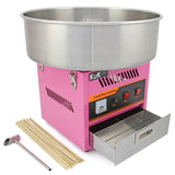 Roze suikerspinmachine met een roestvrijstalen kom, bedieningsknoppen, een lade en houten stokjes voor het maken van suikerspin