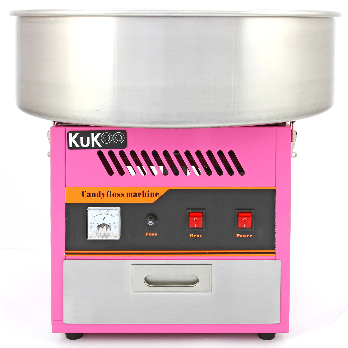 Roze suikerspinmachine met een glanzende metalen kom, bedieningsknoppen en een moderne uitstraling, perfect voor feesten en evenementen