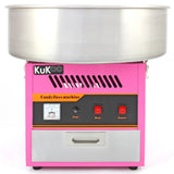 Roze suikerspinmachine met een glanzende metalen kom, bedieningsknoppen en een moderne uitstraling, perfect voor feesten en evenementen