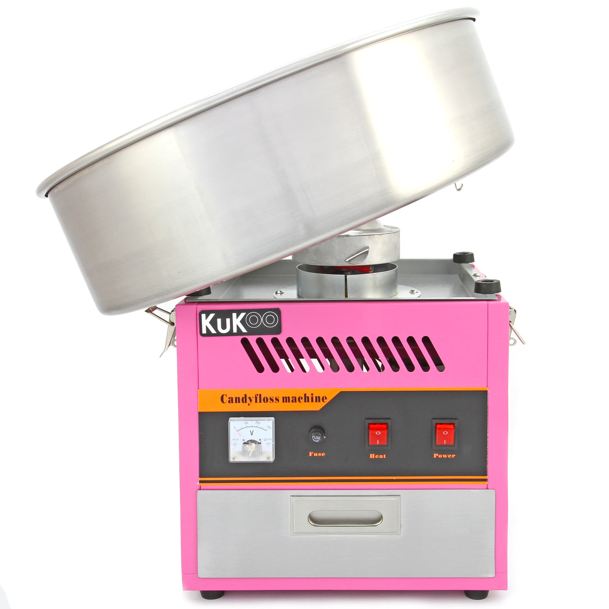 Roze suikerspinmachine met een glanzende metalen kom, voorzien van knoppen voor aan/uit en temperatuurinstellingen