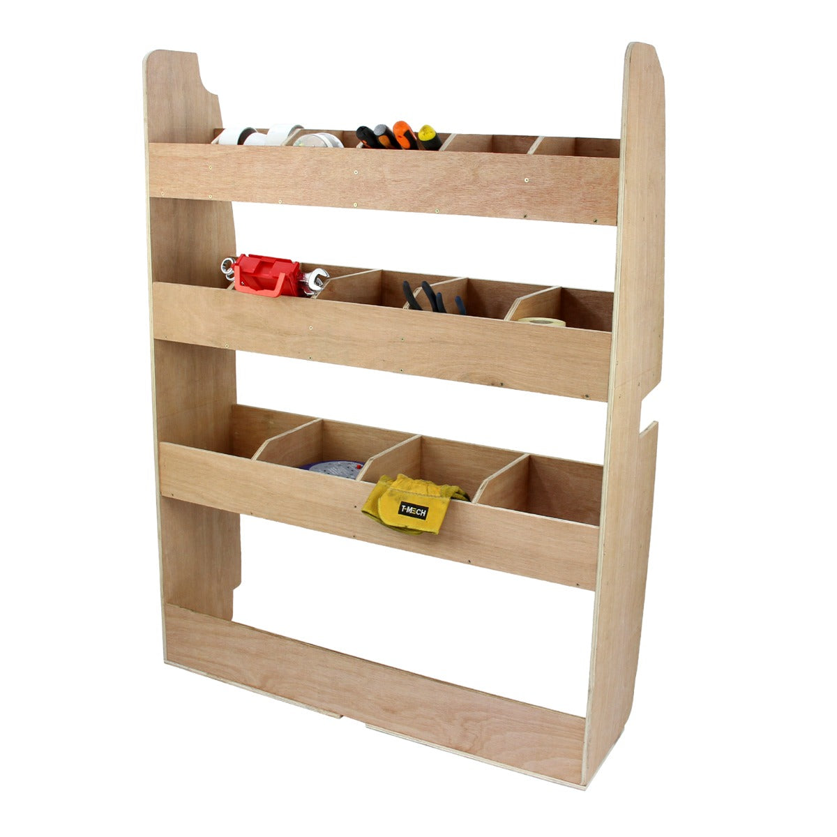 Zwarte bestelwagenbekleding met lijm en een houten rek voor Ford Transit Custom, voorzien van vakken voor gereedschap en materialen