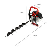 Grondboor met een zwarte boor en een robuuste rode handgreep, ideaal voor het boren van gaten in de grond, 115 cm lang