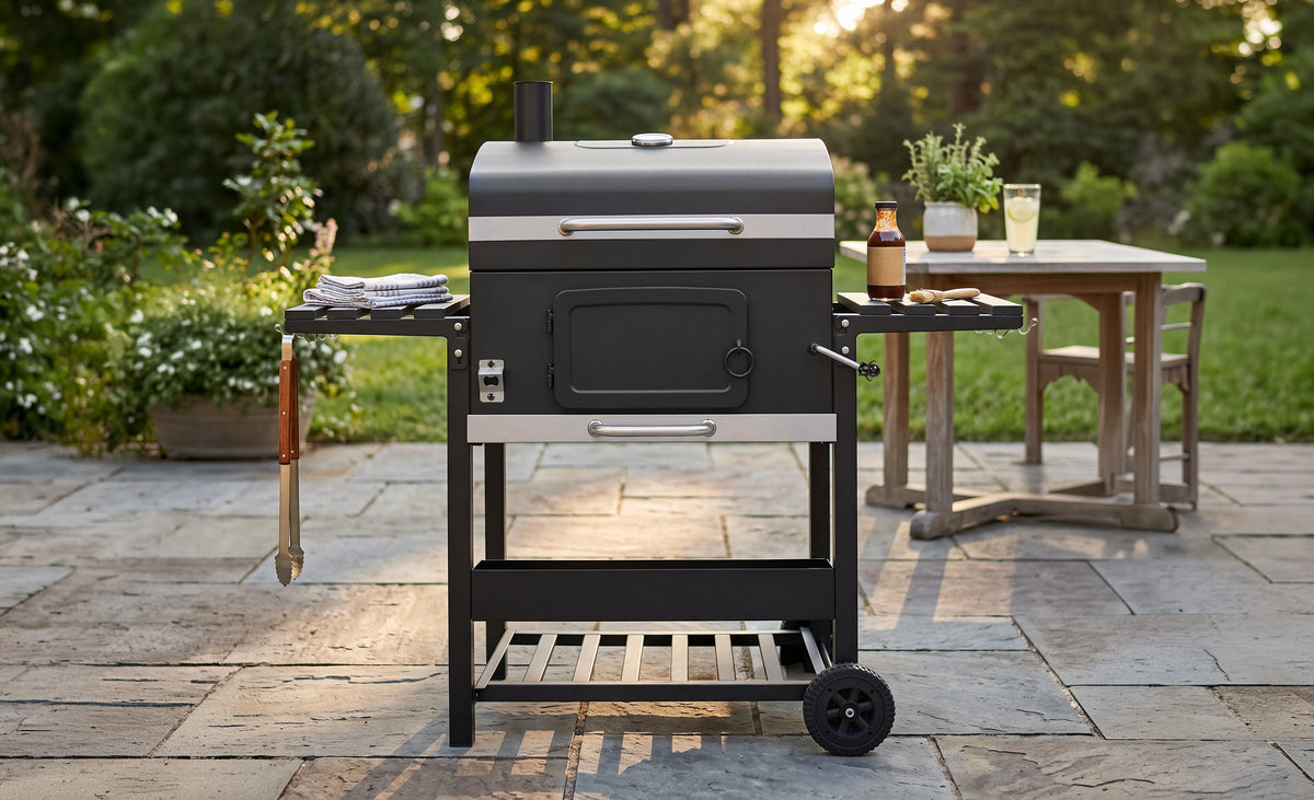 Zwarte barbecue met roestvrijstalen accenten, geplaatst op een stenen terras, omringd door groen en een houten tafel met drankjes