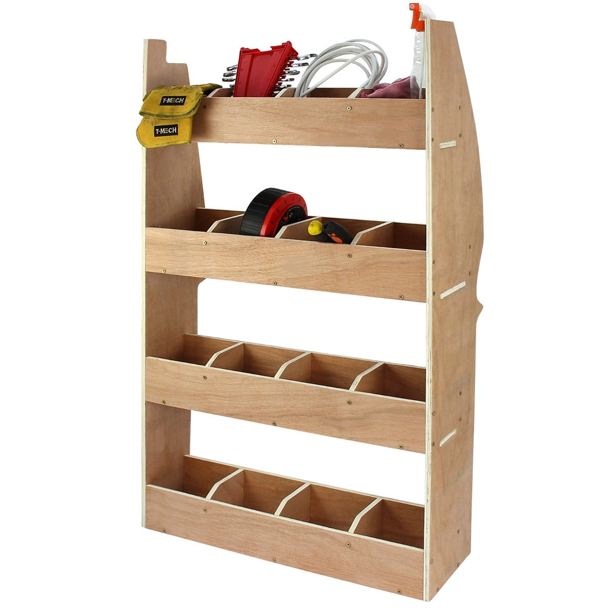 Zwarte bestelwagenbekleding en Citroen Berlingo rek met houten planken, perfect voor het organiseren van gereedschap en accessoires