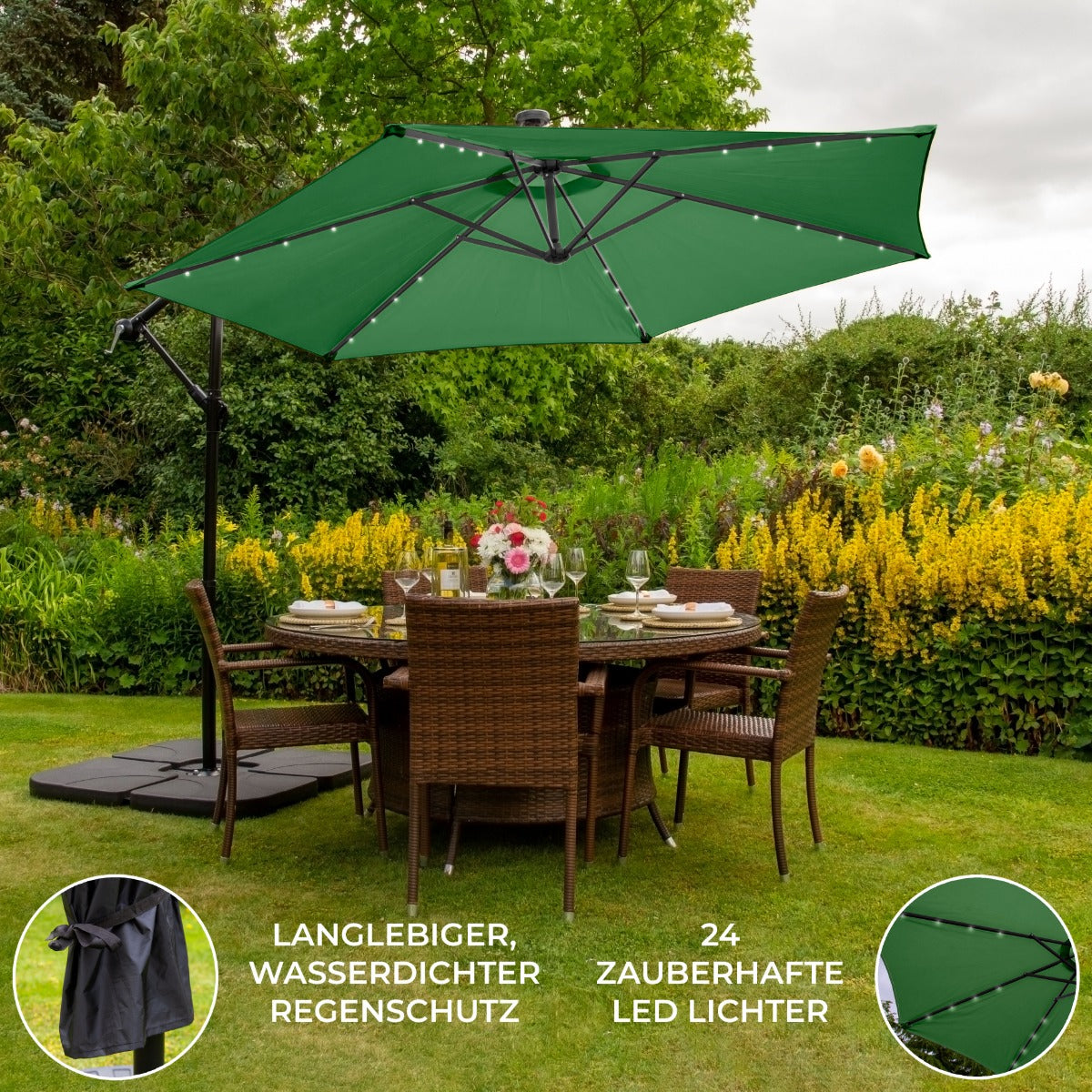 Groen 3m LED Zweefparasol met een eenvoudige voet