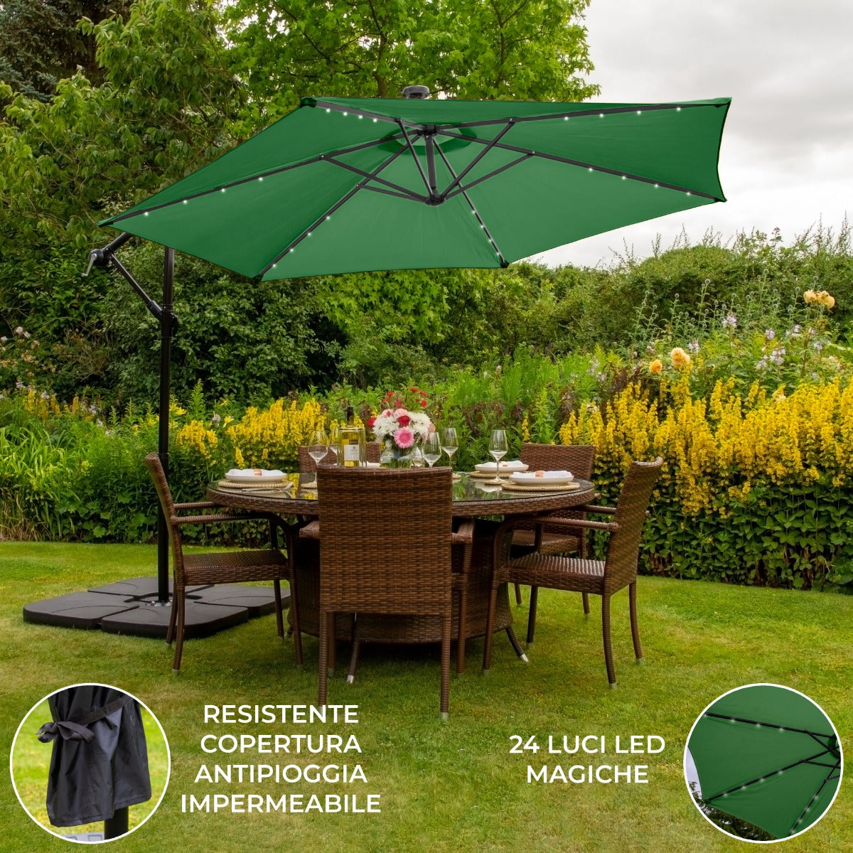Groen 3m LED Zweefparasol met een eenvoudige voet