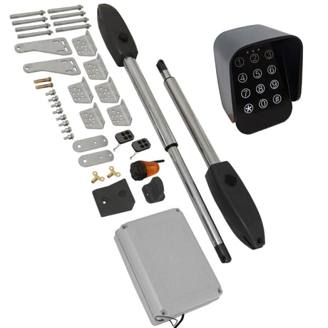 T-Mech swing poortopener set met metalen onderdelen, draadloos toetsenbord, en diverse bevestigingsmaterialen in grijs en zwart