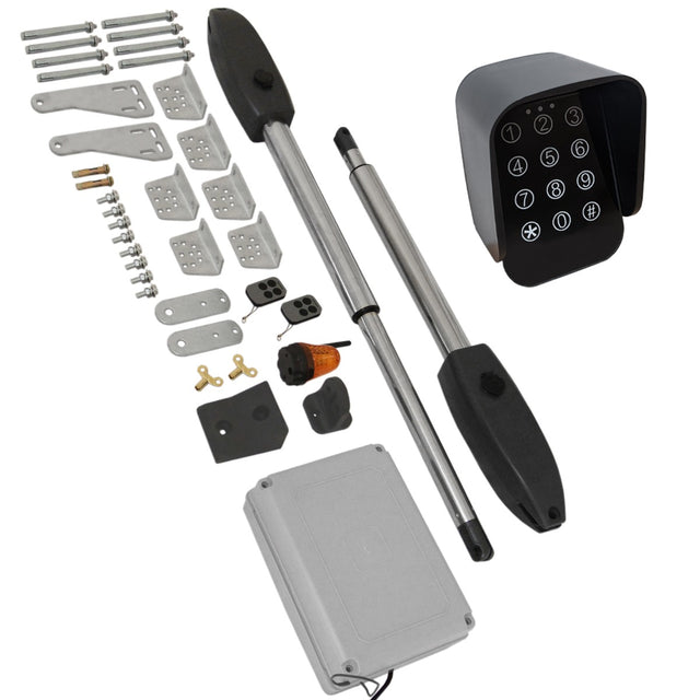 T-Mech swing poortopener set met metalen onderdelen, draadloos toetsenbord, en diverse bevestigingsmaterialen in grijs en zwart