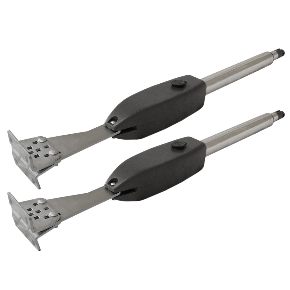 T-Mech swing poortopener met metalen armen en zwarte kunststof behuizing, ontworpen voor automatische poorten en eenvoudig te installeren