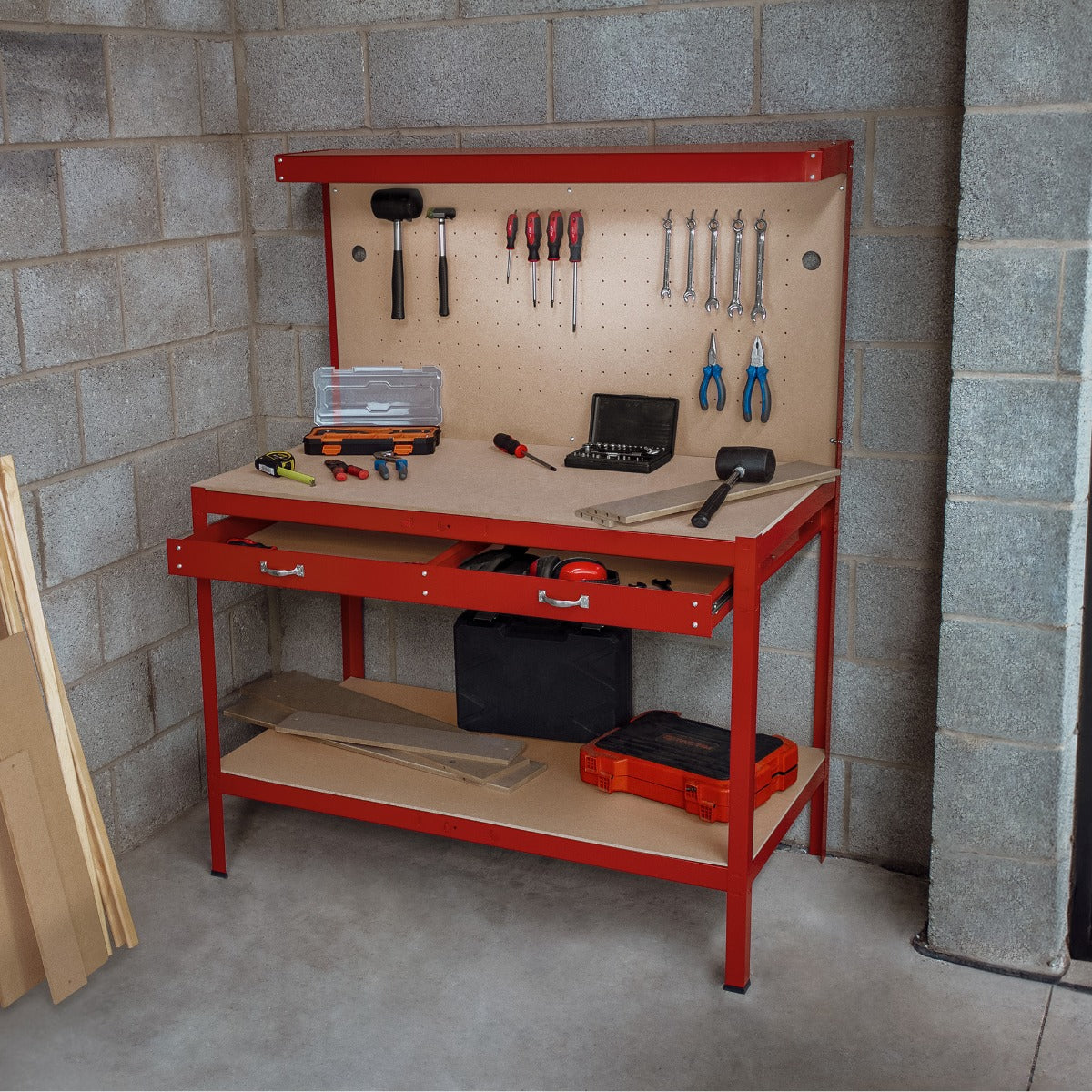 Werkbank + Ophangbord + Lade + Verlichting - Rood