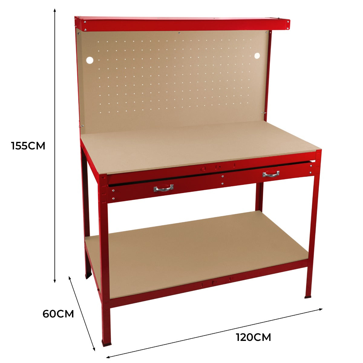 Werkbank + Ophangbord + Lade + Verlichting - Rood