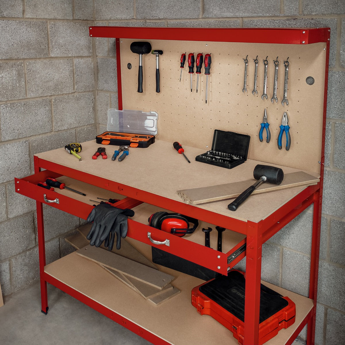 Werkbank + Ophangbord + Lade + Verlichting - Rood