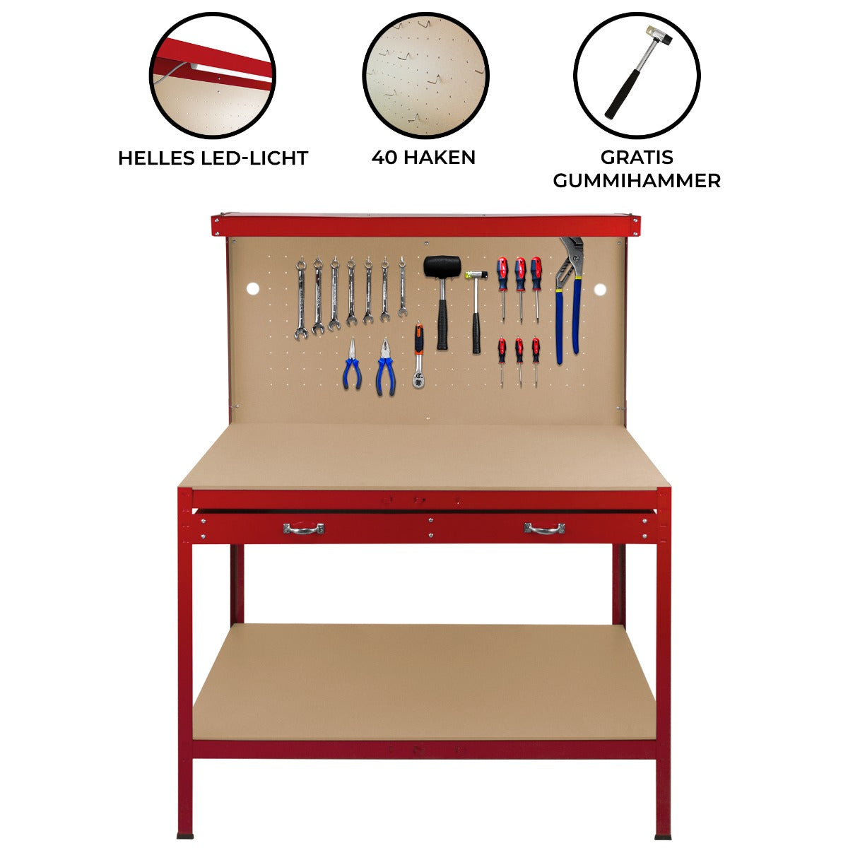 Werkbank + Ophangbord + Lade + Verlichting - Rood
