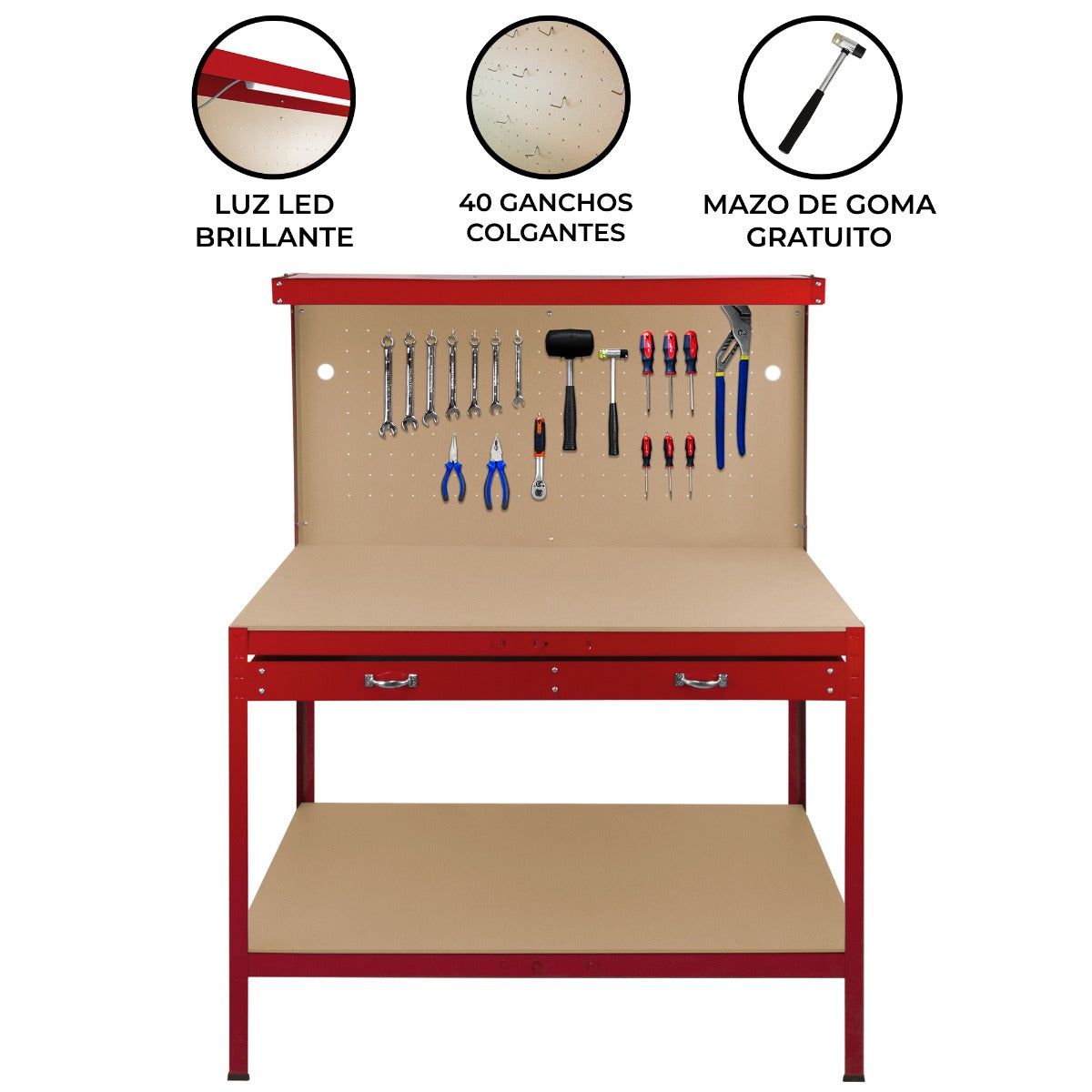 Werkbank + Ophangbord + Lade + Verlichting - Rood