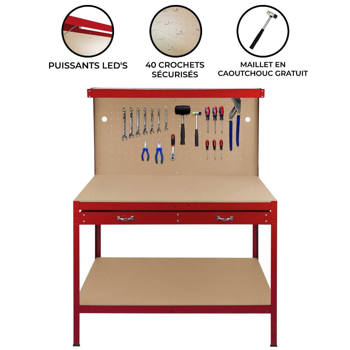 Werkbank + Ophangbord + Lade + Verlichting - Rood