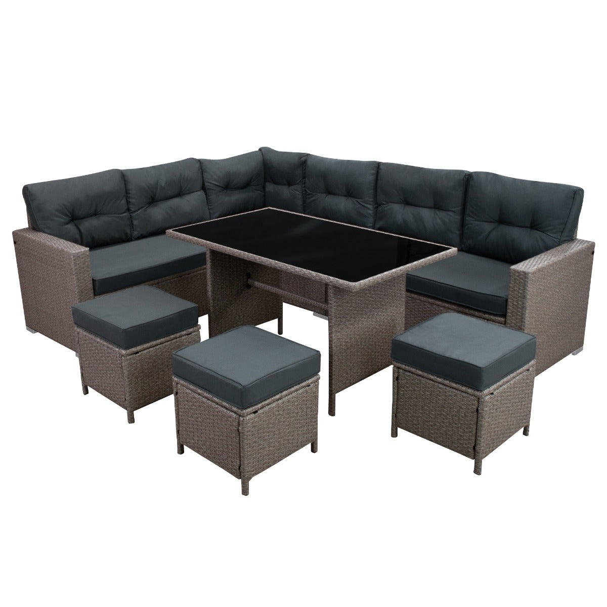 Polyrattan hoekmeubelset in grijs met comfortabele kussens, een glazen tafelblad en bijpassende poefs voor buitengebruik