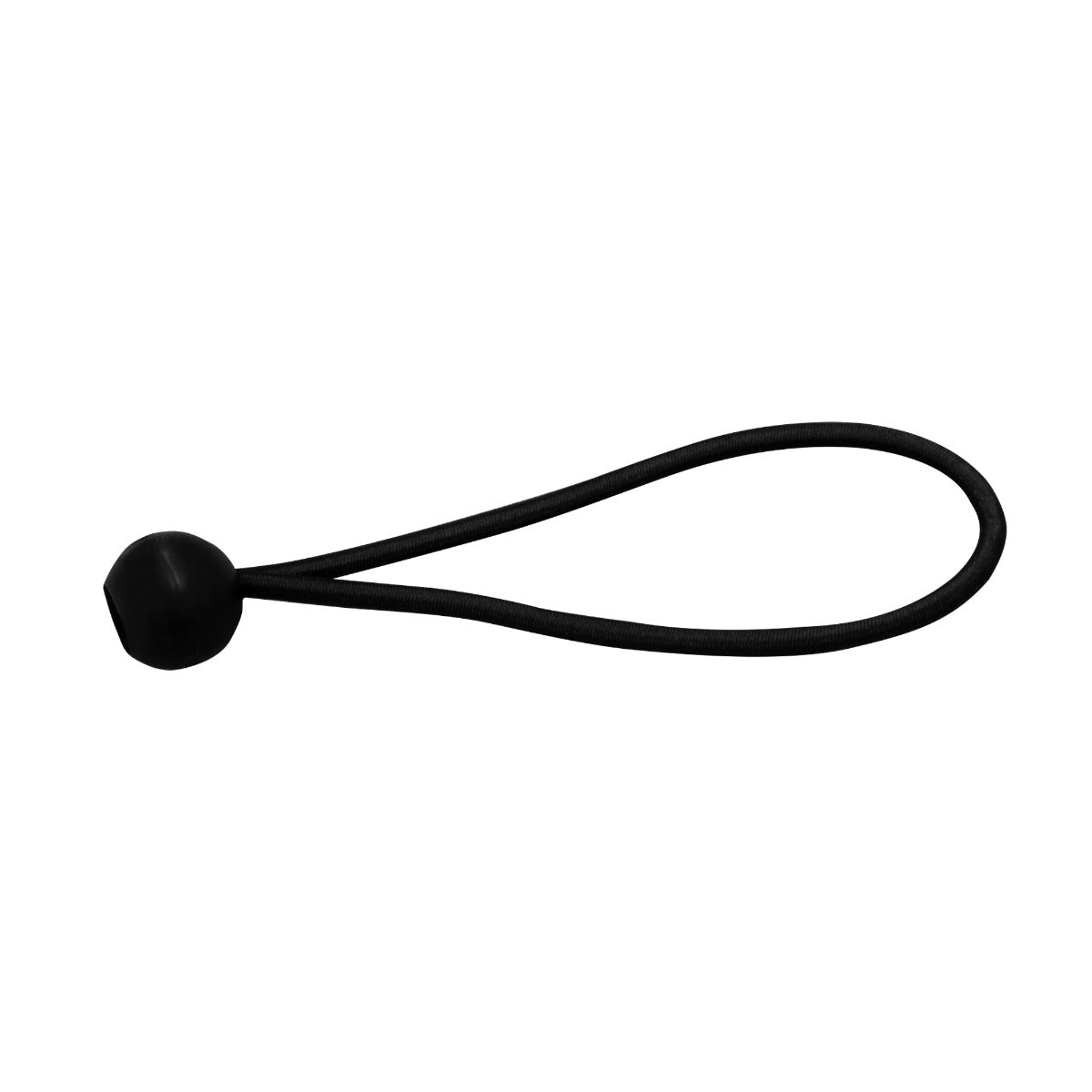 Zwart elastisch koord met een ronde knop, ideaal voor het bevestigen van doelwitdoeken aan een voetbaldoel van 12 x 6 ft