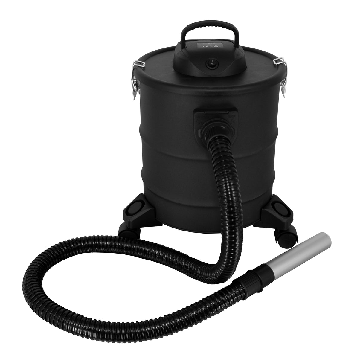 Zwarte 20L asstofzuiger met een stevige handgreep, flexibele slang en metalen buis, ideaal voor het opruimen van as en fijnstof