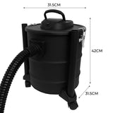 Zwarte 20L asstofzuiger met handvat, stevige metalen behuizing, flexibele slang en wielen voor eenvoudig transport en gebruik
