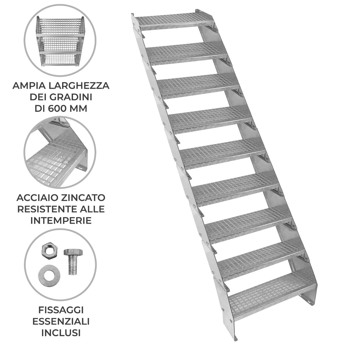 Verstelbare 9-delige verzinkte trap - 600 mm breed