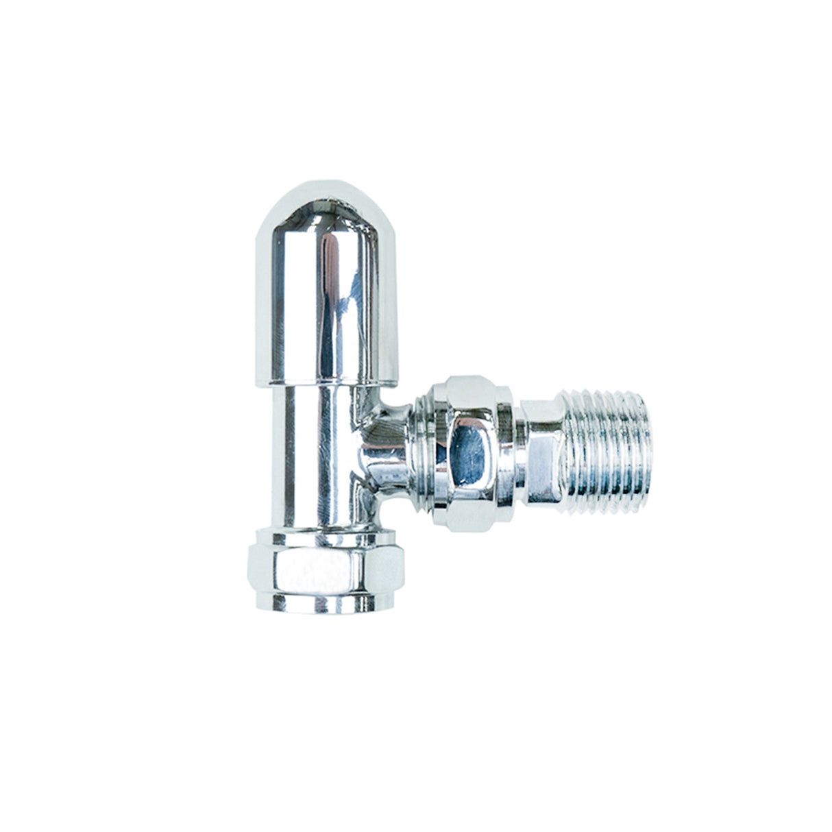 Chroom thermostatische radiatorkraan met glanzende afwerking, ronde vorm en stevige verbinding voor optimale temperatuurregeling