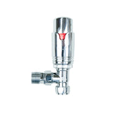 Chroom thermostatische radiatorkraan met glanzende afwerking, ronde vorm en duidelijke temperatuurinstelling in het rood