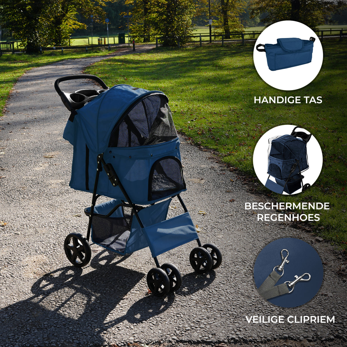 Hondenbuggy met Regenhoes en Organizer Tas - Marineblauw