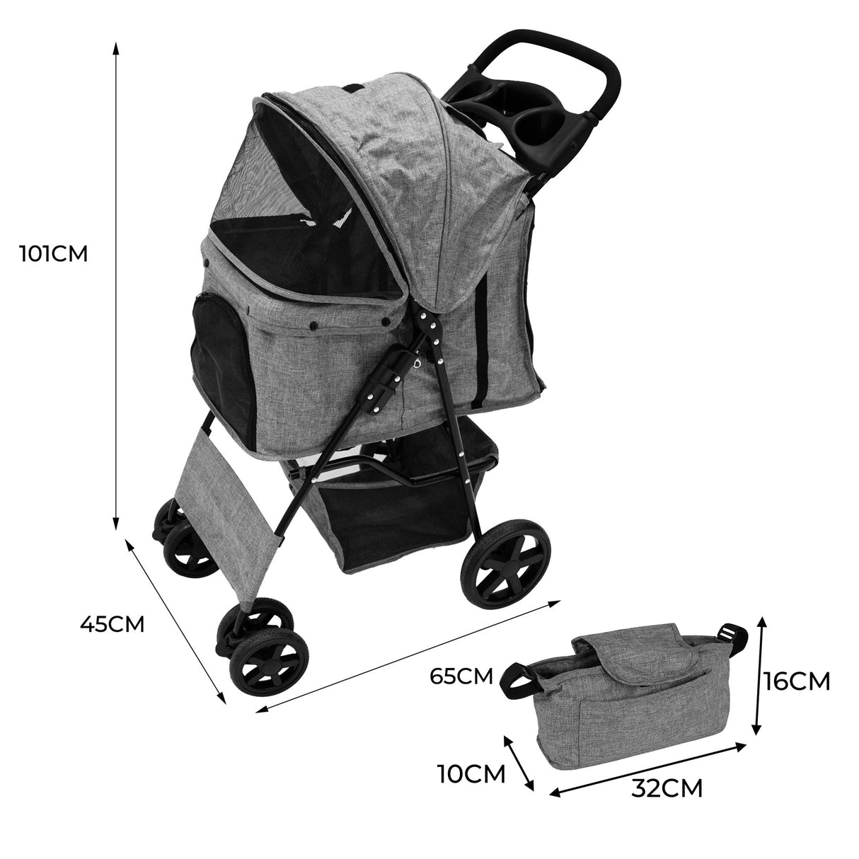 Hondenbuggy met Regenhoes en Organizer Tas - Grijs