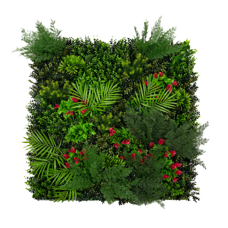 Weelderige groene wanddecoratie met diverse bladeren, varens en felgekleurde bloemen, perfect voor een natuurlijke uitstraling