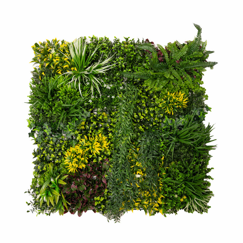 Een weelderige mix van groene en gele kunstplanten met verschillende texturen en vormen, perfect voor wanddecoratie en interieurstyling