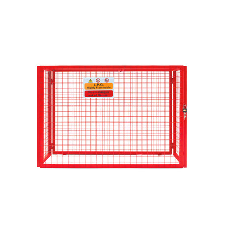 Opvouwbare gaas opslagkooi voor gasflessen in helder rood, met een stevige metalen constructie en een veilige sluiting, afmetingen 100cm x 140cm x 50cm