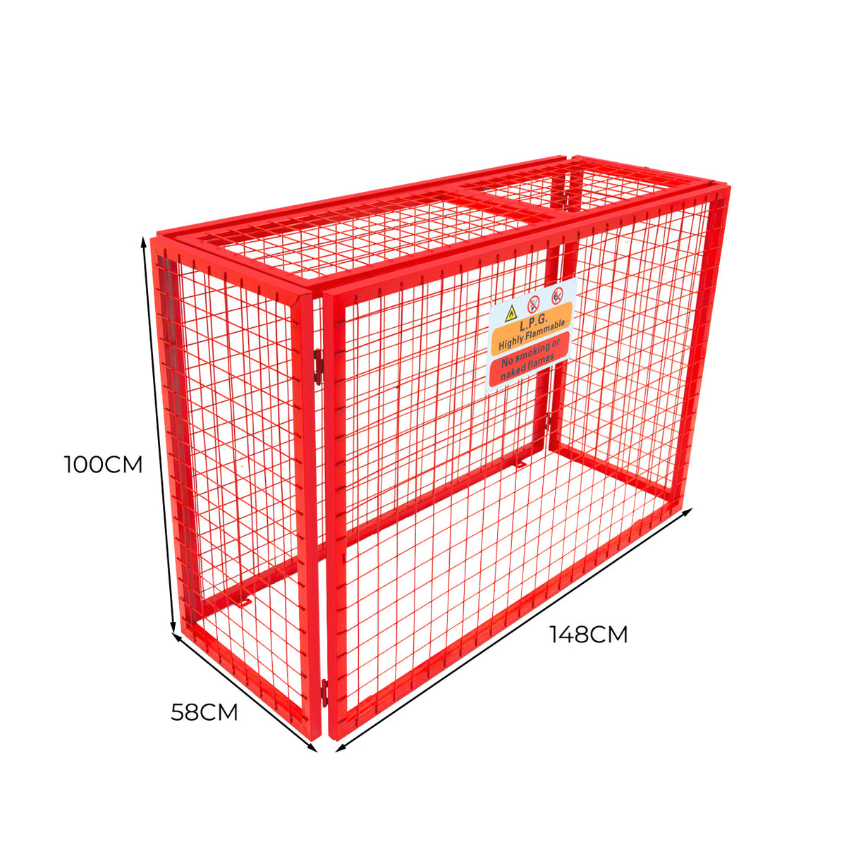 Opvouwbare gaas opslagkooi voor gasflessen in helder rood, met metalen structuur en afmetingen van 100cm x 140cm x 50cm