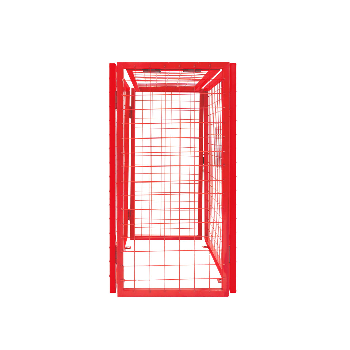 Opvouwbare gaas opslagkooi voor gasflessen in helder rood, met een stevige metalen structuur en een open ontwerp voor ventilatie