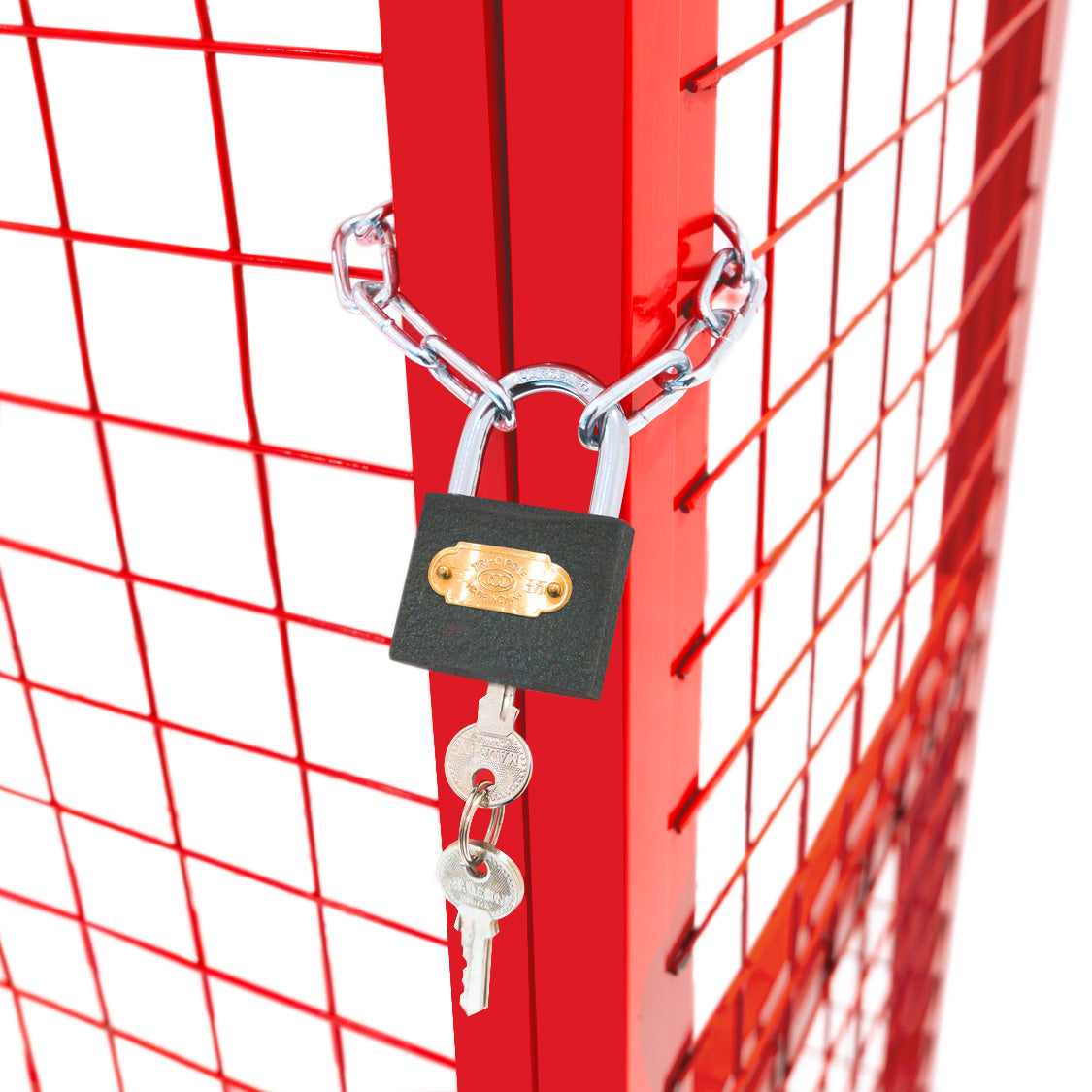 Rode opvouwbare gaas opslagkooi voor gasflessen met een hangslot en sleutels, ideaal voor veilige opslag van gasflessen