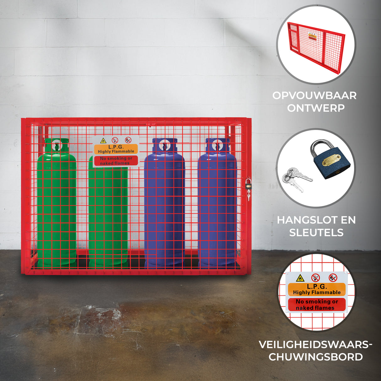Opvouwbare gaas opslagkooi voor gasflessen in rood met groene en paarse flessen, inclusief hangslot en veiligheidswaarschuwingsbord