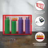 Opvouwbare gaas opslagkooi voor gasflessen in rood met groene en paarse flessen, inclusief hangslot en veiligheidswaarschuwingsbord
